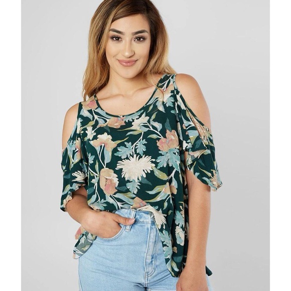 DAYTRIP Floral Flutter Sleeve Cold Shoulder Tulip Back Top L - Picture 15 of 15